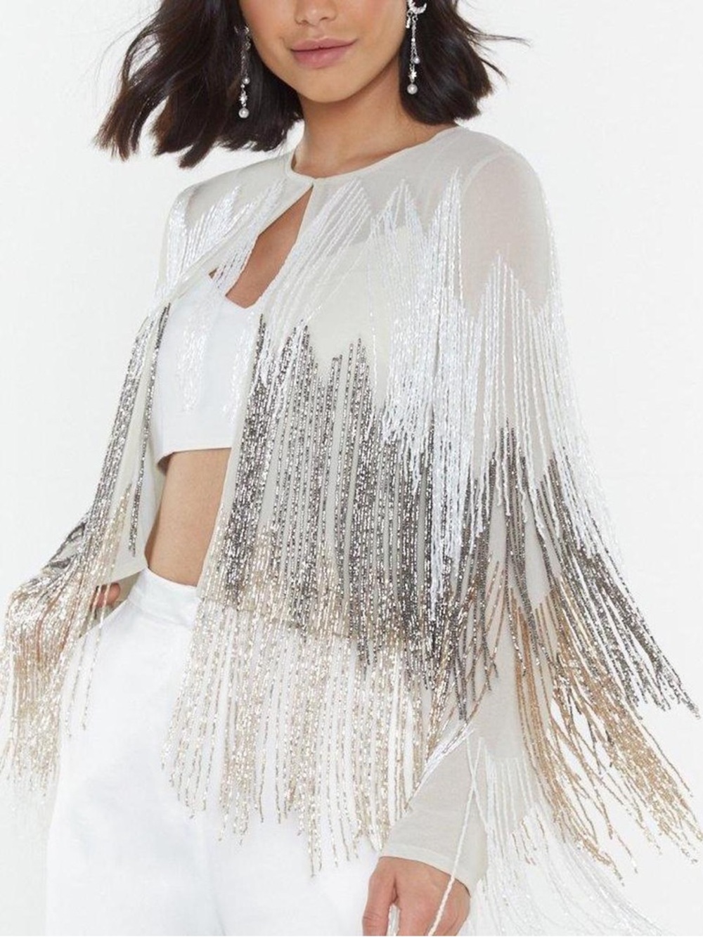 Nasty gal studio love Beaded Fringe party jacket - Ivory and silver ombre NYE